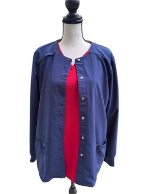 3 peace scrubs Dickies Navy Jacket v-neck red top and navy pants